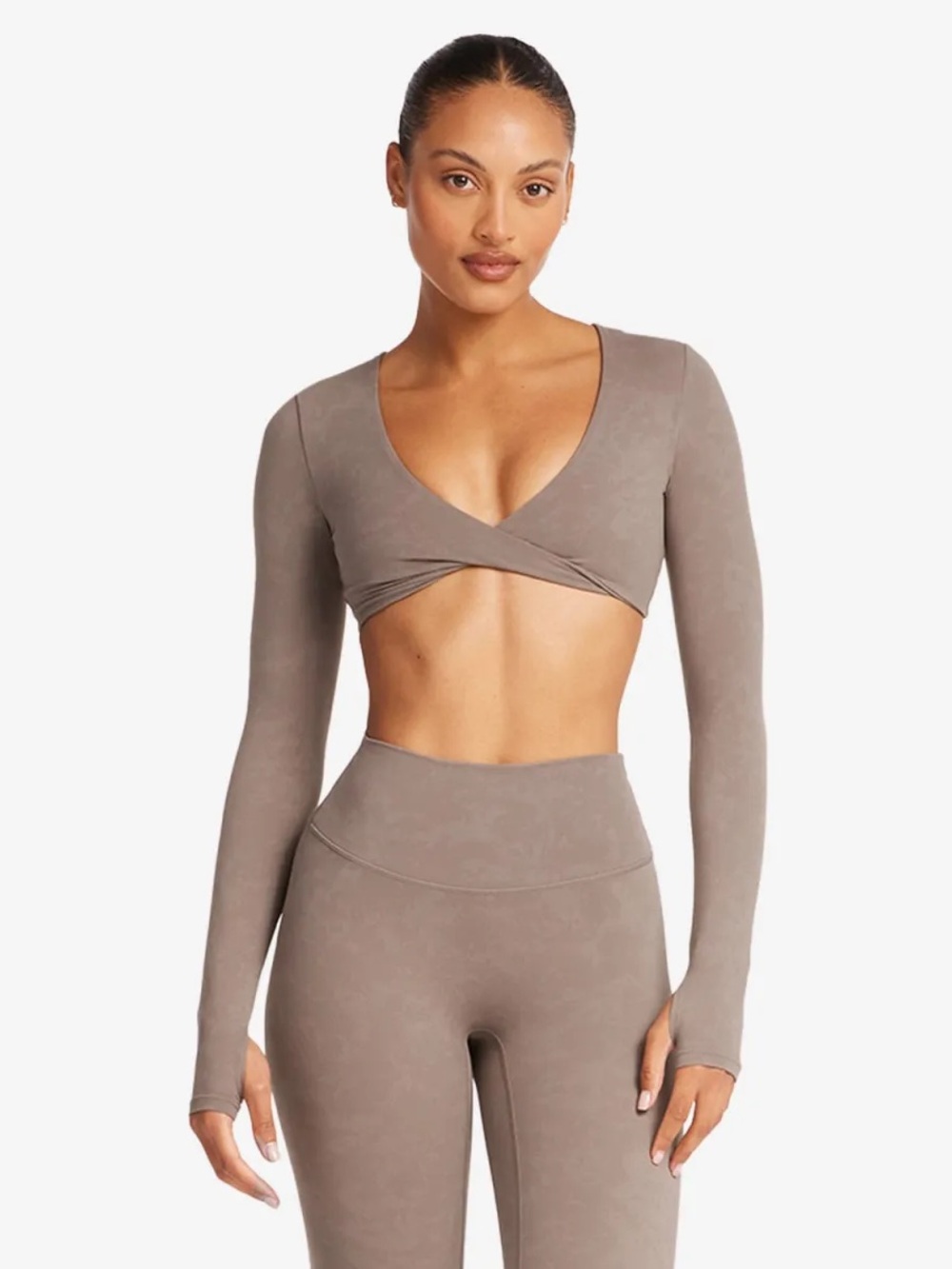 CSB Twist Front Long Sleeve Crop Active Top in Mocha Size S